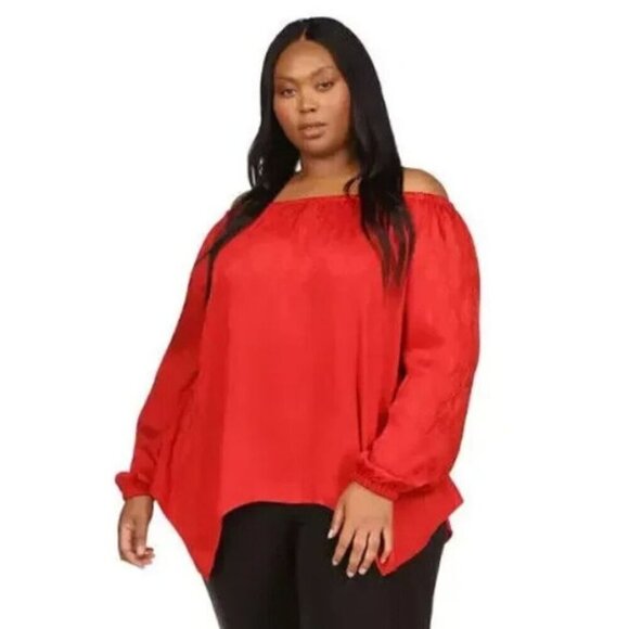 Michael Michael Kors NEW Crimson Red Blouse 2X Satin Off the Shoulder Snakeskin - Picture 1 of 10